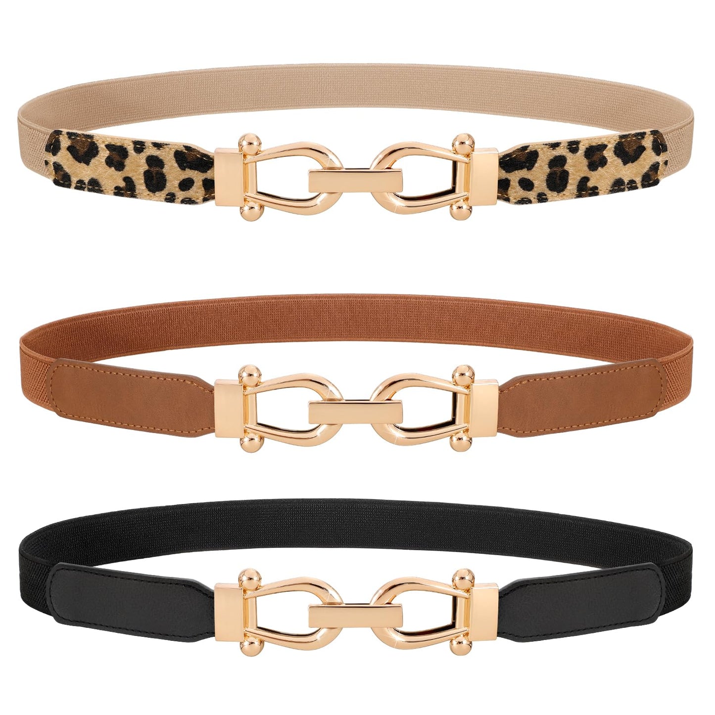 HOTWERFORU 3 Pack Women Skinny Elastic Waist Belt Gold Buckle Stretchy Thin Belt for Jeans Dress