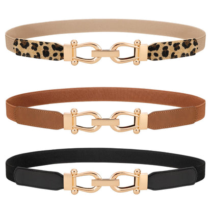 HOTWERFORU 3 Pack Women Skinny Elastic Waist Belt Gold Buckle Stretchy Thin Belt for Jeans Dress