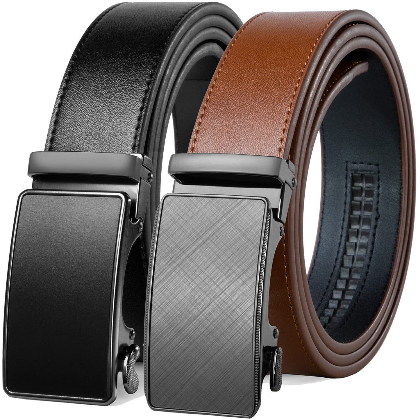 HOTFounders & C Mens Belt 2 Pack,Leather Ratchet Click Belt Dress with Slide Buckle 1 3/8" in Gift Set Box- Size Adjustable