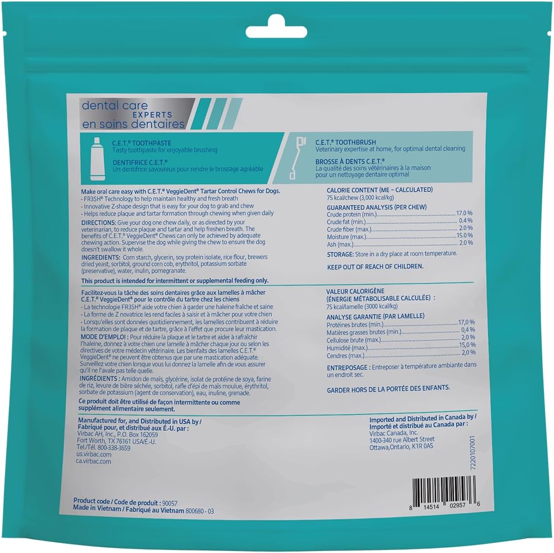 HOTC.E.T. Veggiedent Fr3sh Plaque and Tartar Control Chews for Dogs, Medium | Vet recommended dental chews, plant-based formula, supports canine digestive health, VOHC approved for plaque & tartar