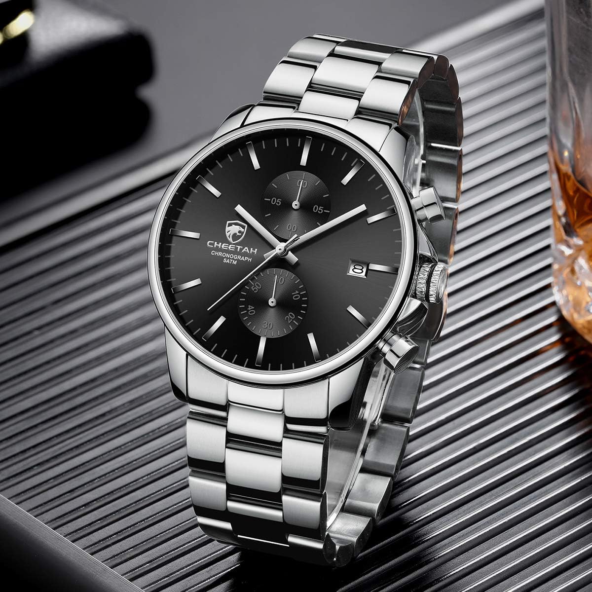 HOTGOLDEN HOUR Fashion Business Mens Watches with Stainless Steel Waterproof Chronograph Quartz Watch for Men, Auto Date