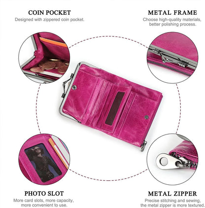 HOTCONTACTS Full Grain Leather Kiss Lock Wallet for Women Small Coin Purse Zipper Bifold Kiss Clasp Rfid Wallet Vintage Card Holder with Photo Window (Rose Red)