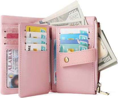 HOTSENDEFN Small Wallet for Women Leather RFID Blocking Wristlet Wallet Credit Card Holder with Double Zipper Coin Purse Ladies Bifold Purse