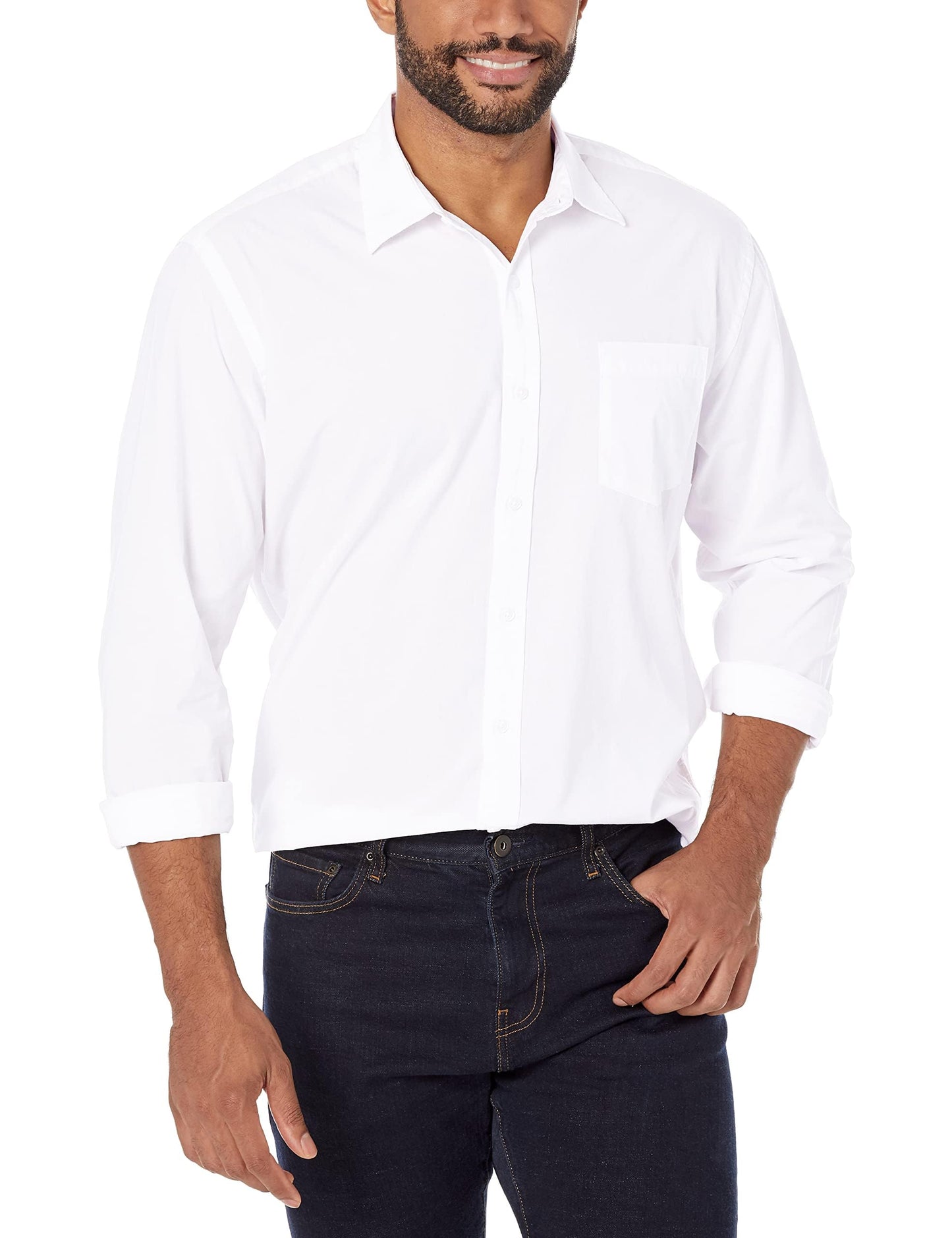 HOTAmazon Essentials Men's Regular-Fit Long-Sleeve Casual Poplin Shirt, Button Front, Business Casual, Collared