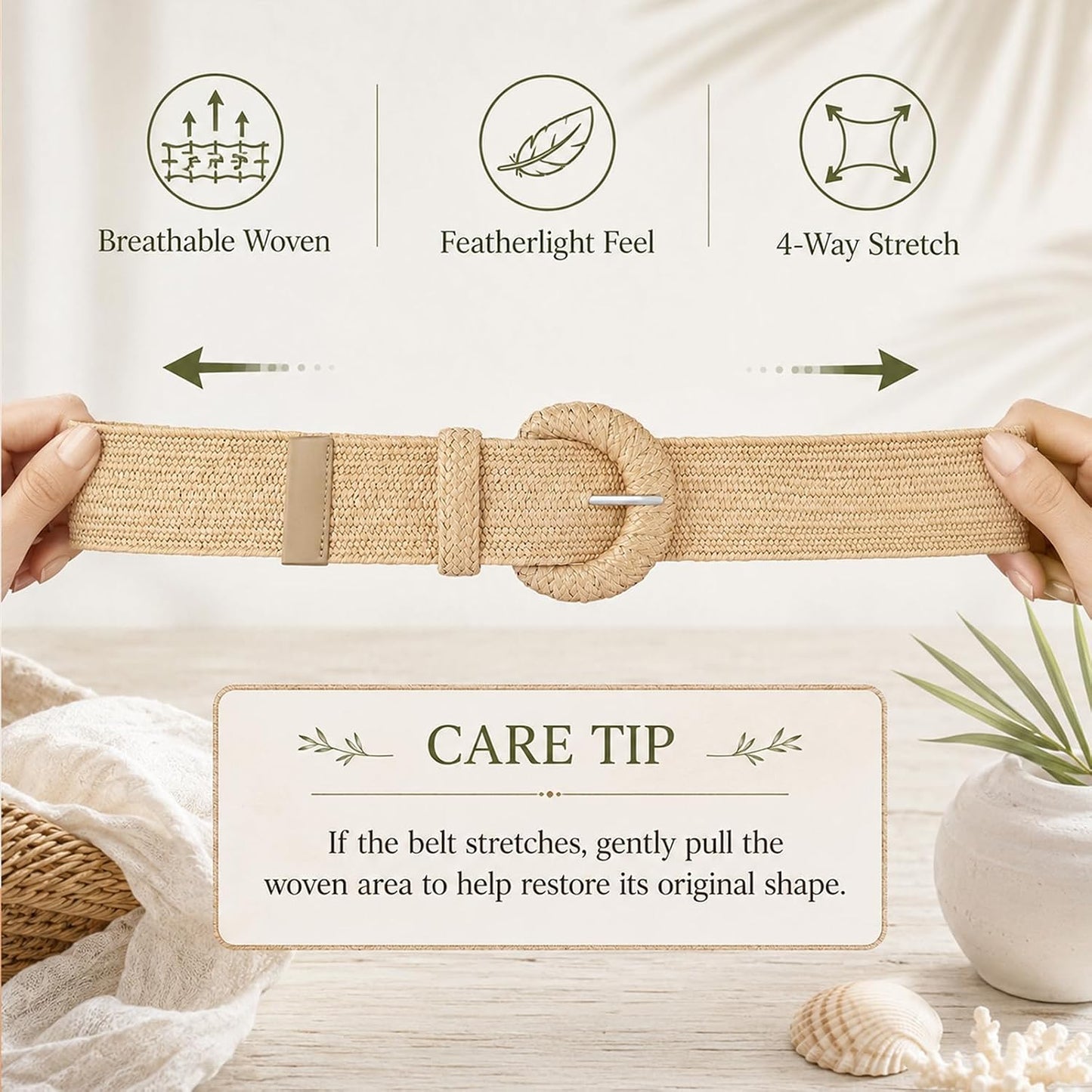 HOTStraw Belts for Women Stretchy Woven Belt with Oval Buckle Elastic Belt for Dress Boho Waist Belt