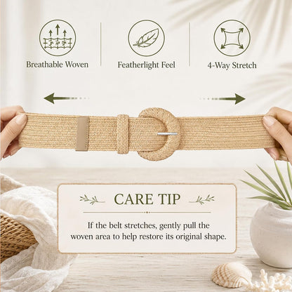 HOTStraw Belts for Women Stretchy Woven Belt with Oval Buckle Elastic Belt for Dress Boho Waist Belt