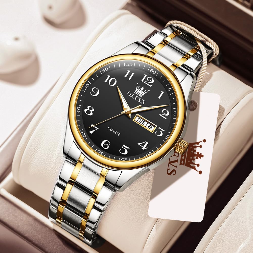 HOTOLEVS Men's Casual Stainless Steel Watch, Big Face Easy to Read Analog Quartz Watch with Day and Date, Classic Waterproof Diamond Roman Arabic Numeral Dial Dress Watch for Men, Gold Silver Black Band