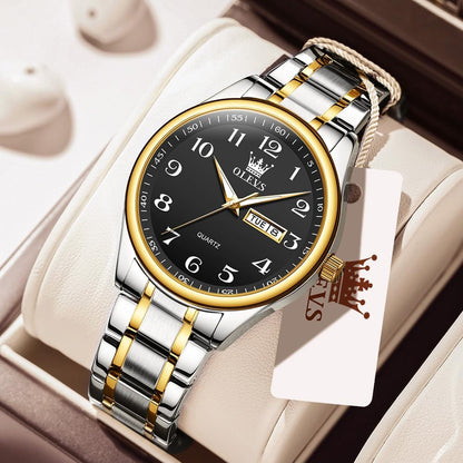 HOTOLEVS Men's Casual Stainless Steel Watch, Big Face Easy to Read Analog Quartz Watch with Day and Date, Classic Waterproof Diamond Roman Arabic Numeral Dial Dress Watch for Men, Gold Silver Black Band