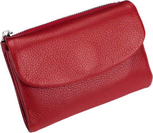HOTGenuine Leather Wallet for Women, Slim RFID Clutch with Coin Pocket, Soft Pebble Short Card Holder ID Case 5.3in (Red)
