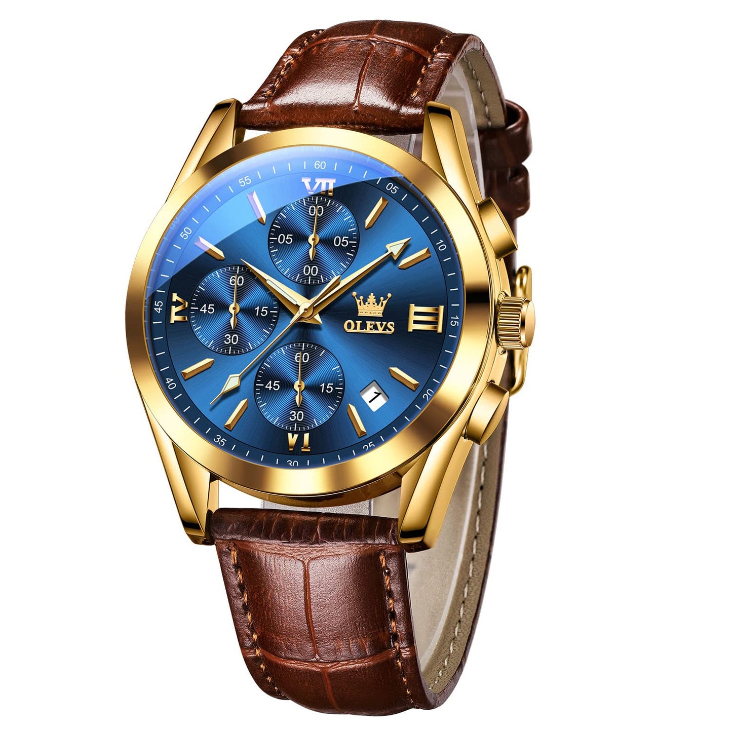 HOTOLEVS Men's Casual Leather Watch, Big Face Chronograph Watch for Men, Fashion Easy to Read Dress Watch, Men's Waterproof Luminous Date Analog Watch, Gold/Black/White/Blue Dial
