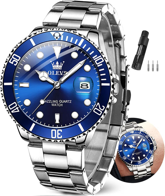 HOTOLEVS Watches Men Waterproof Luxury Big Face Mens Watch Stainless Steel Day Date Quartz Analog Dress Watches for Men Luminous Reloj para Hombres (Green/Blue/Black/Gold)
