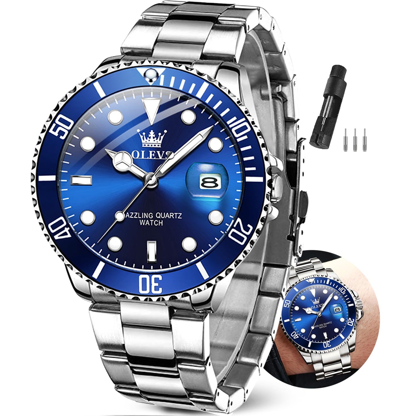 HOTOLEVS Watches Men Waterproof Luxury Big Face Mens Watch Stainless Steel Day Date Quartz Analog Dress Watches for Men Luminous Reloj para Hombres (Green/Blue/Black/Gold)