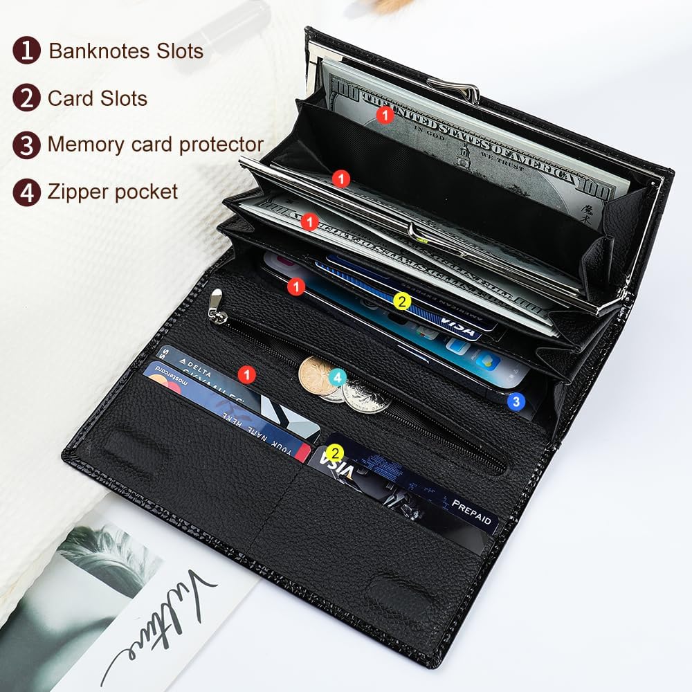 HOTWomen's Long Leather Wallet, Black Burgundy Multi-Color | Credit Card Purse, Trifold, Genuine Leather, Clutch