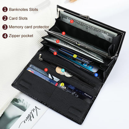 HOTWomen's Long Leather Wallet, Black Burgundy Multi-Color | Credit Card Purse, Trifold, Genuine Leather, Clutch