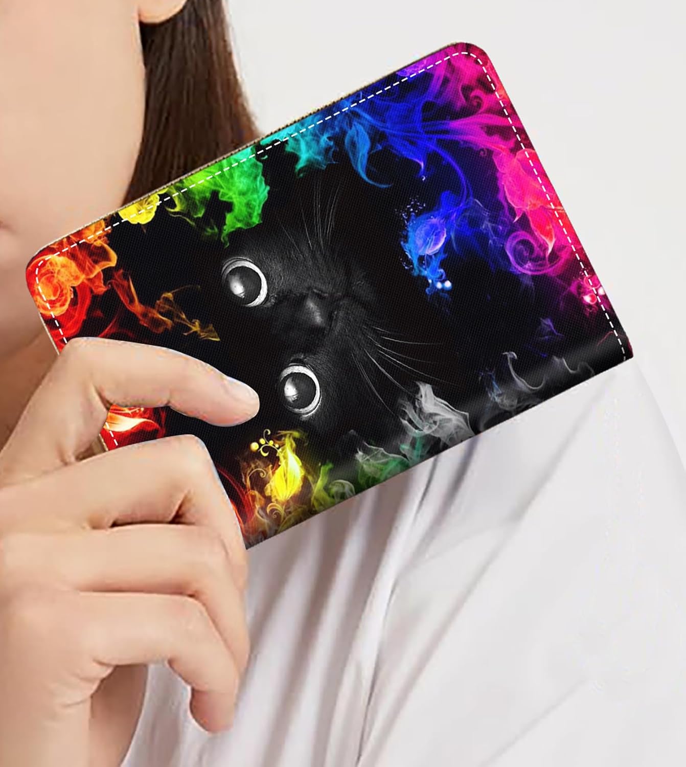 HOTSmall Credit Card Holder Wallets for Women, RFID Blocking Slim Leather Card Case Wallet with Zipper Accordion Wallets, Cute Black Cat Face
