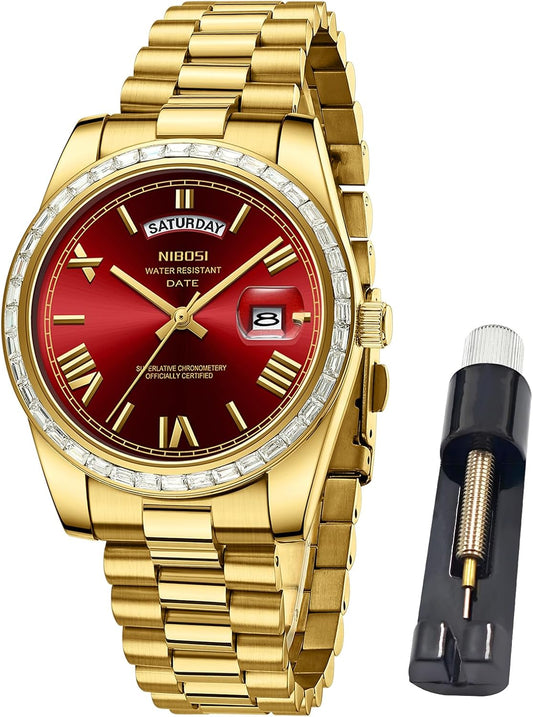 HOTNIBOSI Men's Watches Analog Quartz Diamond Bezel Stainless Steel Dial Rose Gold Silver Watches for Men Waterproof Business Classic Dress Wrist Watch with Day Date