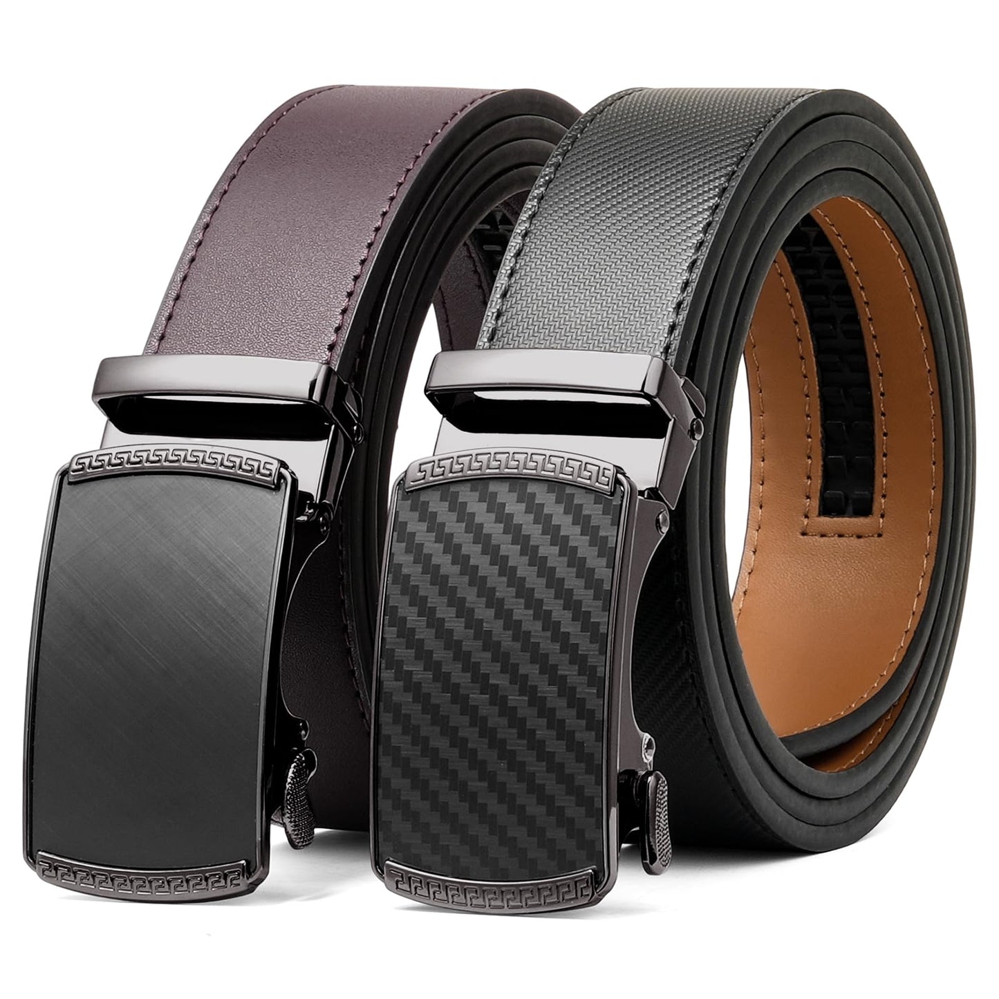 HOTSENDEFN 2 Pack Ratchet Belt Men, Men Leather Belts in Gift Set Box for Dress Casual, Size Adjustable Trim to Fit