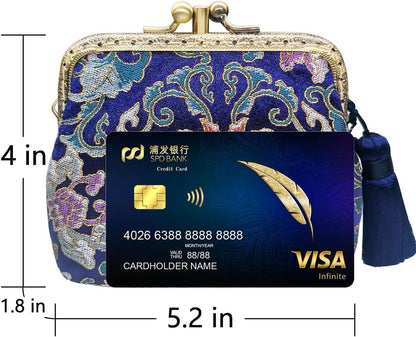 HOTVintage Brocade Buckle Coin Purse Kiss-lock Wallet for Women(blue)
