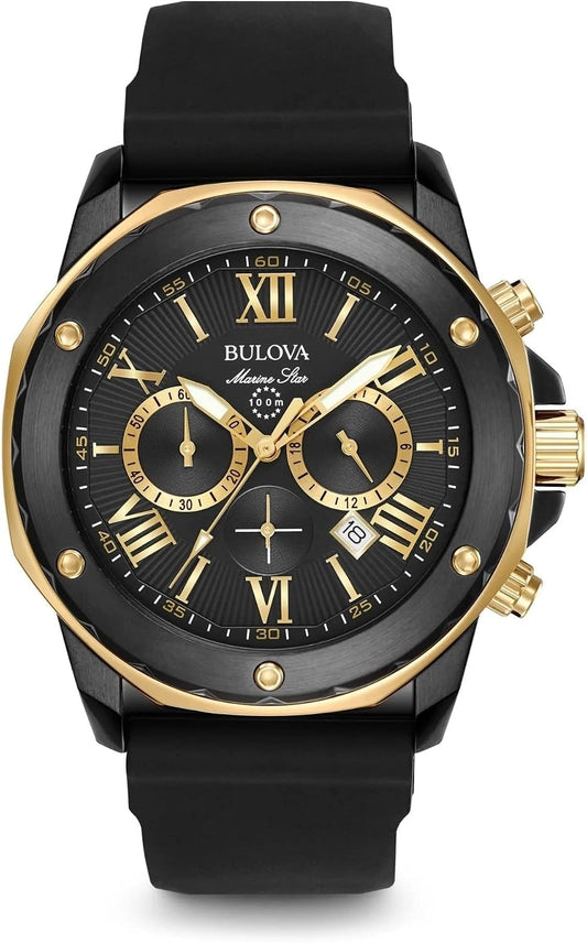 HOTBulova Men's Marine Star Series A Black and Rose Gold Ion-Plated Stainless Steel 6-Hand Chronograph Quartz Watch, Black Silicone Strap Style: 98B278