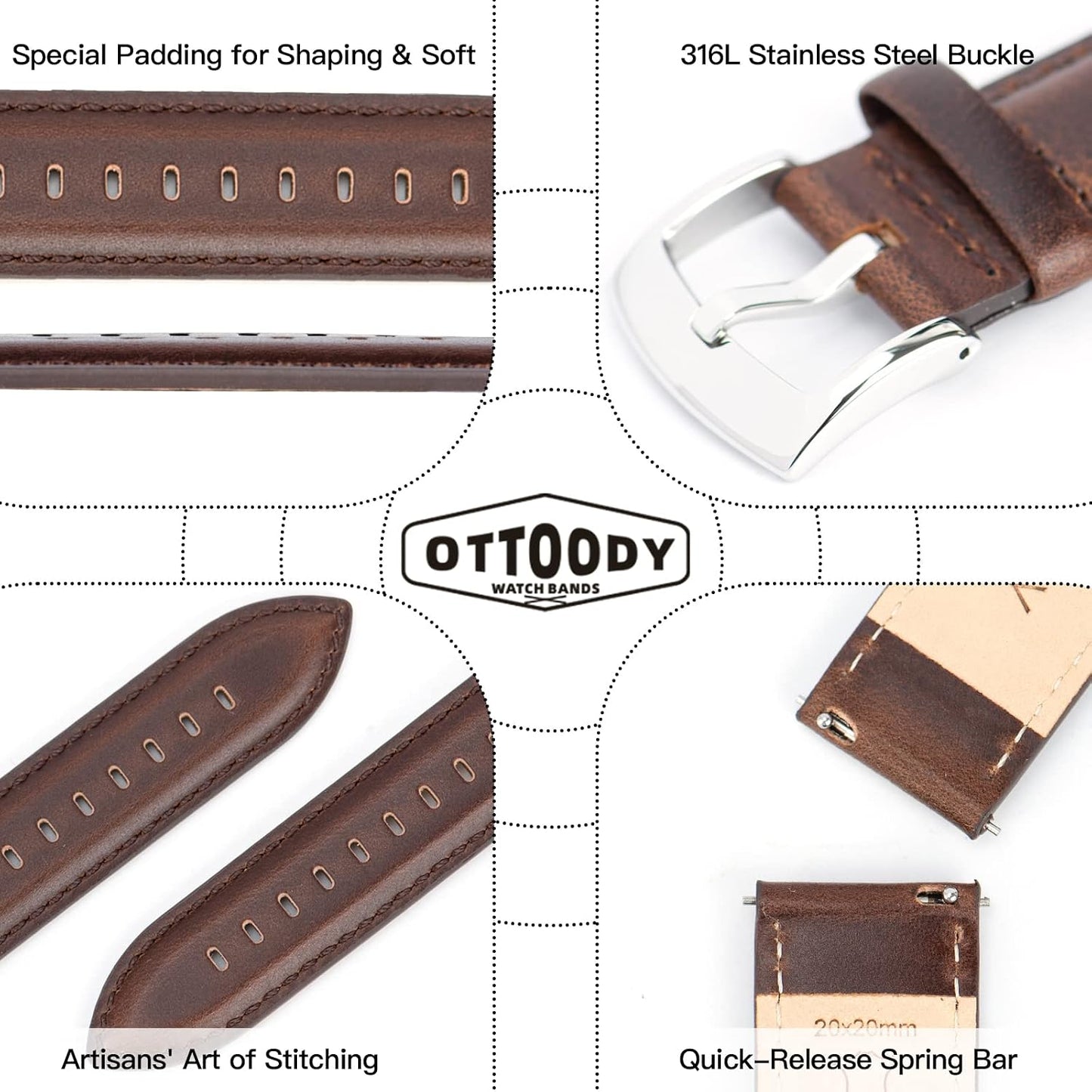 HOTOTTOODY Leather Watch Bands Quick Release, Elegant Top Grain Leather Watch Straps for Men & Women, Choice of Color & Width - 18mm, 19mm, 20mm, 21mm or 22mm Wristbands Bracelet for Watch & Smartwatch