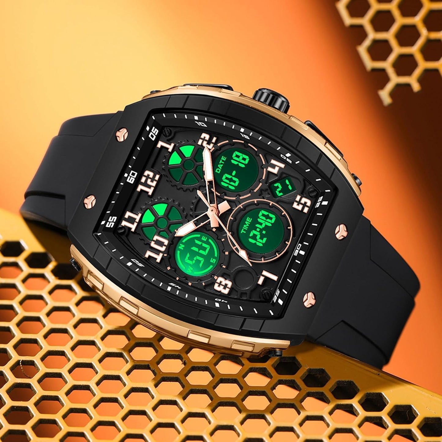 HOTfindtime Watches for Men Relojes para Hombres Wristwatch with Digital Analog Dual Time Display Countdown Stopwatch Punk Cool Design 5ATM Waterproof Mens Watch | Reloj de Hombre Rectangle Design Digital Analog Dual Time Display Countdown Stopwatch Punk