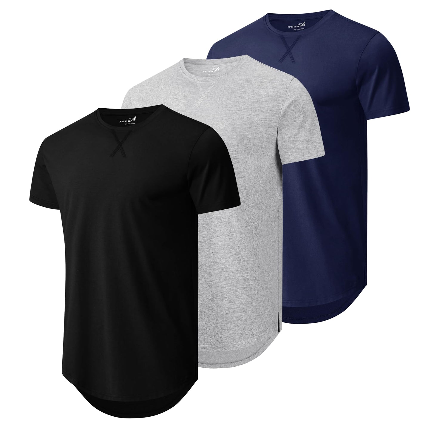 HOTMens 3 Pack Plain Cotton Shirts Short Sleeve Casual Crew Neck T-Shirts Hipster Hip Hop Longline Tees Drop Cut Curved Hem