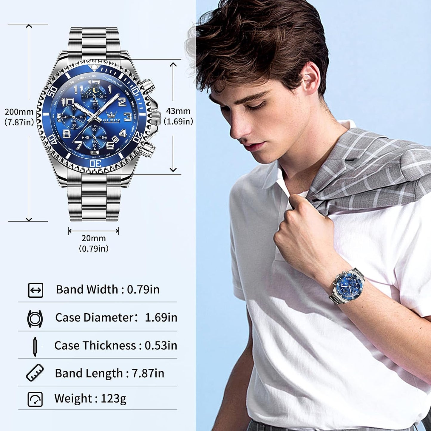 HOTOLEVS Watches for Men Stainless Steel Dress Men Watch with Date Big Face Chronograph Waterproof Luxury Fashion Watch Blue/Black/Gold/Green/Silver Face Relojes para Hombres