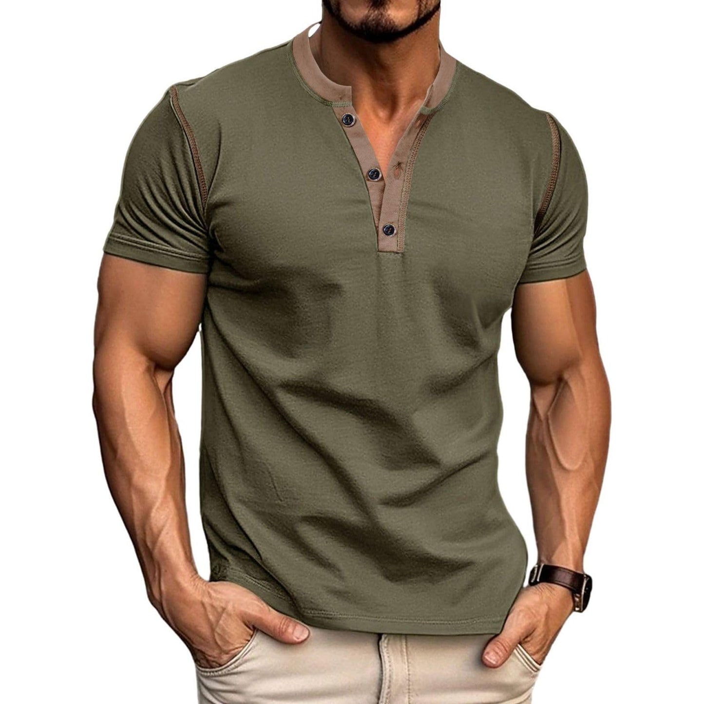 HOTMen's Casual Henley Shirts Classic Button Cotton Short Sleeve T-Shirt Summer Basic Solid Lightweight Tees Tops