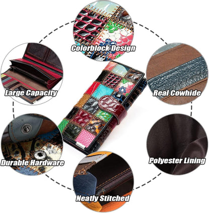 HOTHandmade Patchwork Trifold Large Wallet for Women Colorful Genuine Leather Stitched Credit Card Holder Phone Clutch Purse