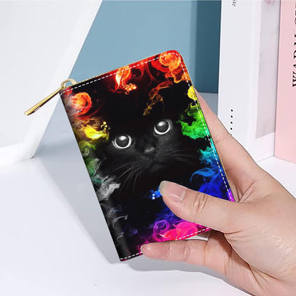 HOTSmall Credit Card Holder Wallets for Women, RFID Blocking Slim Leather Card Case Wallet with Zipper Accordion Wallets, Cute Black Cat Face