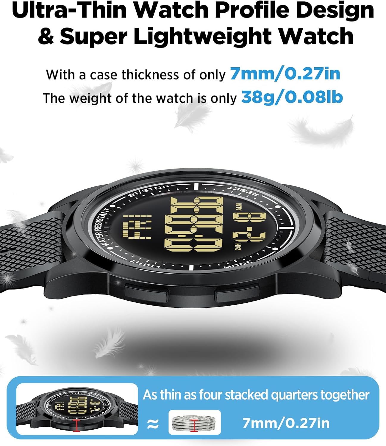 HOTBeeasy Digital Watch for Men Women, 50M Waterproof, Ultra-Thin & Lightweight, 44mm Silicone Sports Watch with Alarm, Stopwatch, Countdown, Ideal for Gym, Running, School, Daily Wear