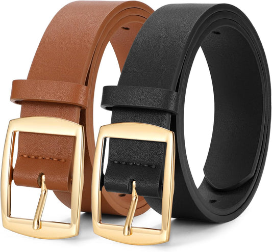 HOTWERFORU 2 Pack Women Leather Belts for Jeans Pants Fashion Leather Belts for Women Waistband with Gold Pin Buckle