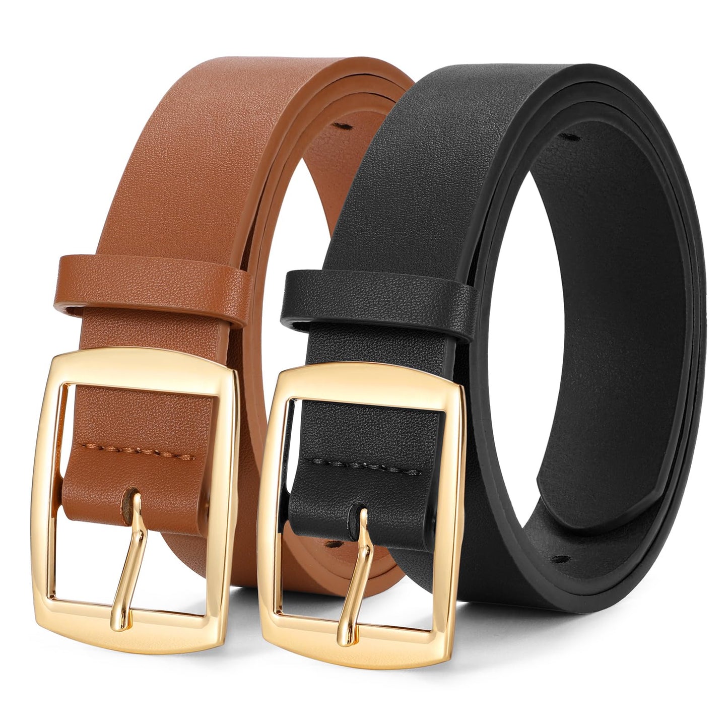 HOTWERFORU 2 Pack Women Leather Belts for Jeans Pants Fashion Leather Belts for Women Waistband with Gold Pin Buckle