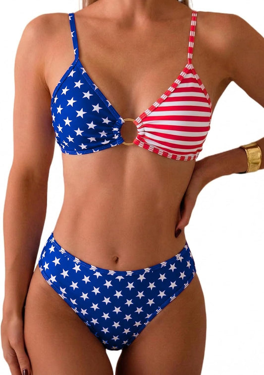 HOTTainehs Women's Two Piece Bikini Sets O Ring Front Top Ditsy Floral Triangle Swimsuits Cheeky Bathing Suit