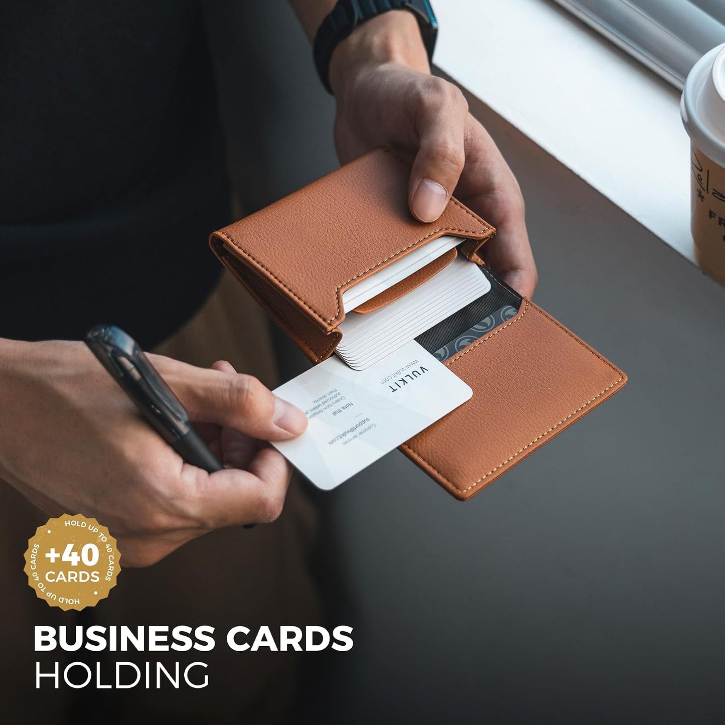 HOTReal Leather Business Card Holder Premium RFID Blocking Card Case with ID Window and Magnetic Closure Holds Up to 40 Business Cards (Grain Brown)