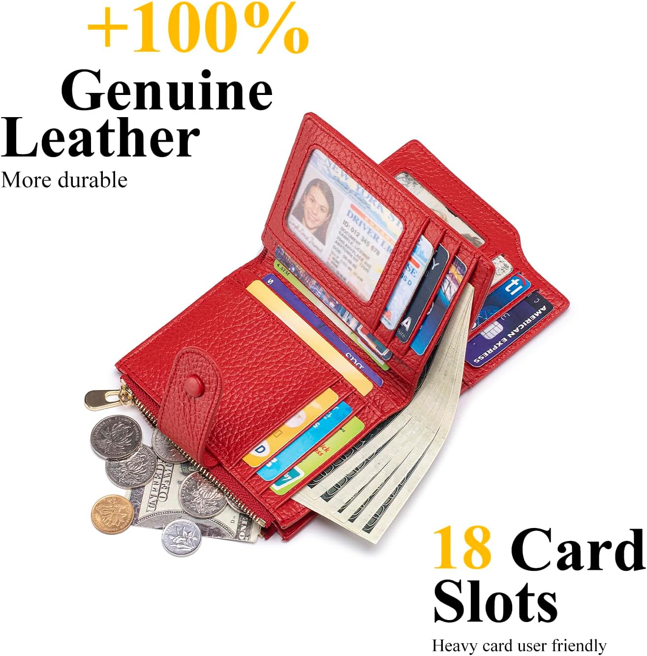 HOTGenuine Leather Wallets for Women RFID Blocking Bifold with Zipper Pocket, 2 ID Windows, 18 Card Slots, Red