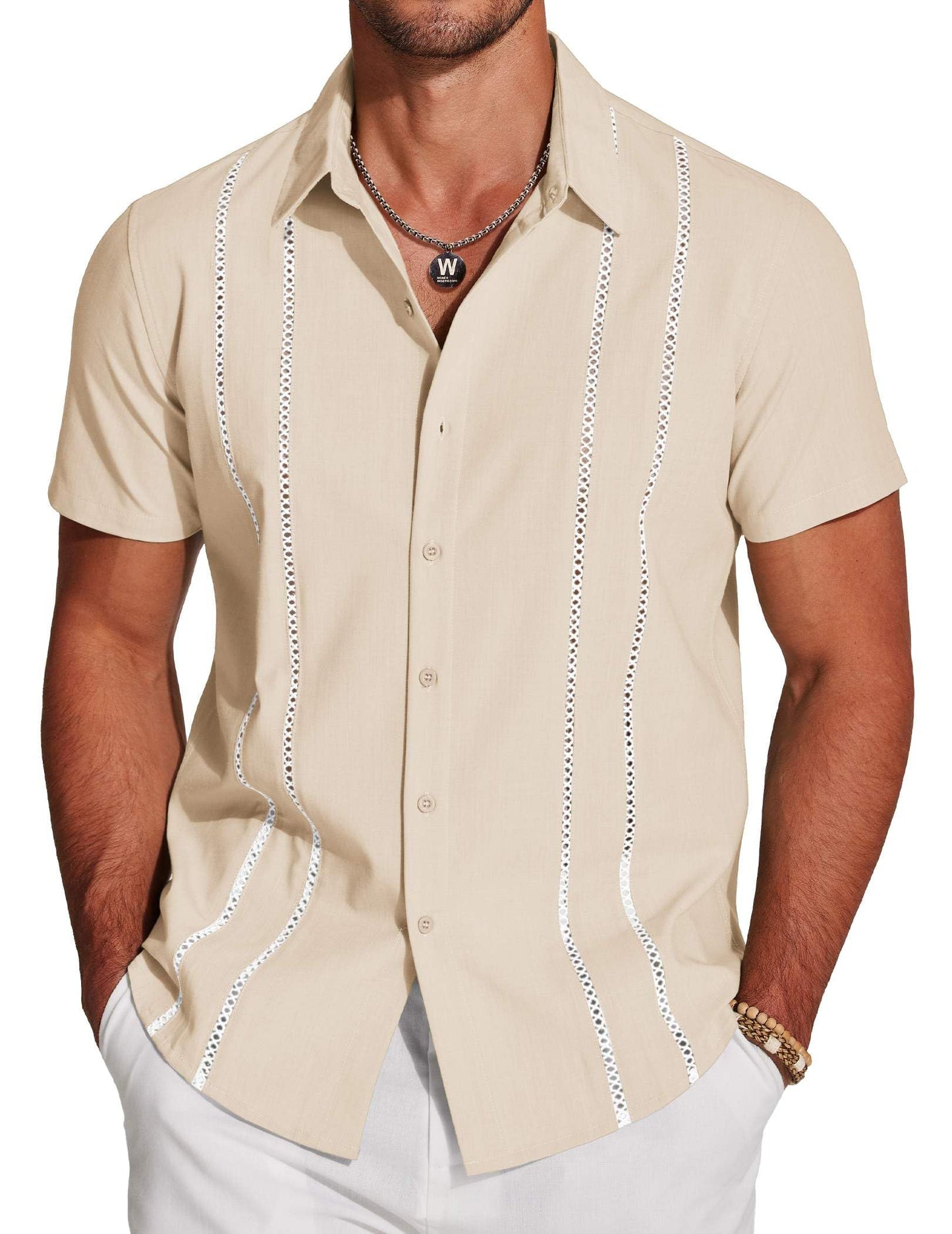 HOTCOOFANDY Men's Cuban Guayabera Shirt Short Sleeve Button Down Shirts Casual Summer Beach Linen Shirts