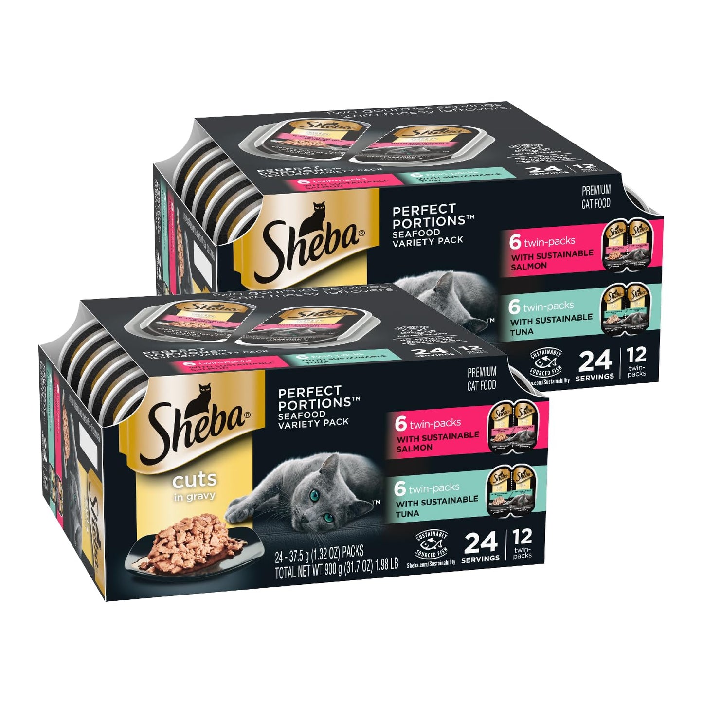 HOTSheba Perfect Portions Cuts Wet Cat Food, Seafood Multipack, 2.6 oz, 24 ct | Grain-free, Sustainable fish, no fillers or artificial flavors, protein-rich, essential vitamins & minerals, twin-pack trays