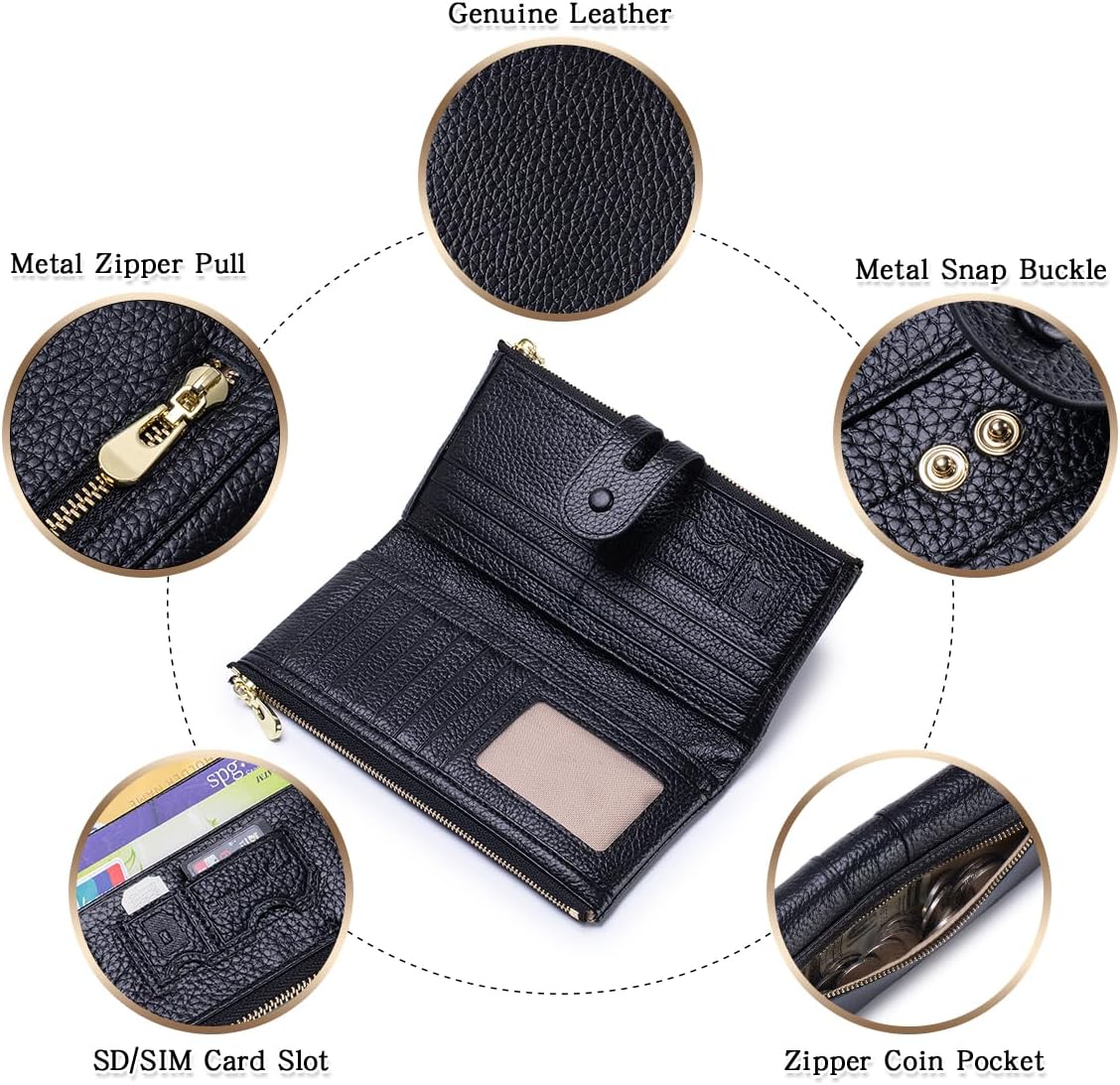 HOTLarge Capacity Wallets for Women Soft Leather RFID Blocking Long Wallet Ladies Bifold Clutch Purse Credit Card Holder with Double Zipper Pocket ID Window,Black