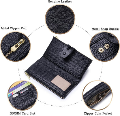 HOTLarge Capacity Wallets for Women Soft Leather RFID Blocking Long Wallet Ladies Bifold Clutch Purse Credit Card Holder with Double Zipper Pocket ID Window,Black