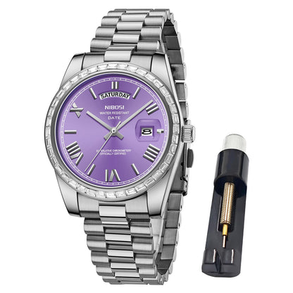 HOTNIBOSI Men's Watches Analog Quartz Diamond Bezel Stainless Steel Dial Rose Gold Silver Watches for Men Waterproof Business Classic Dress Wrist Watch with Day Date