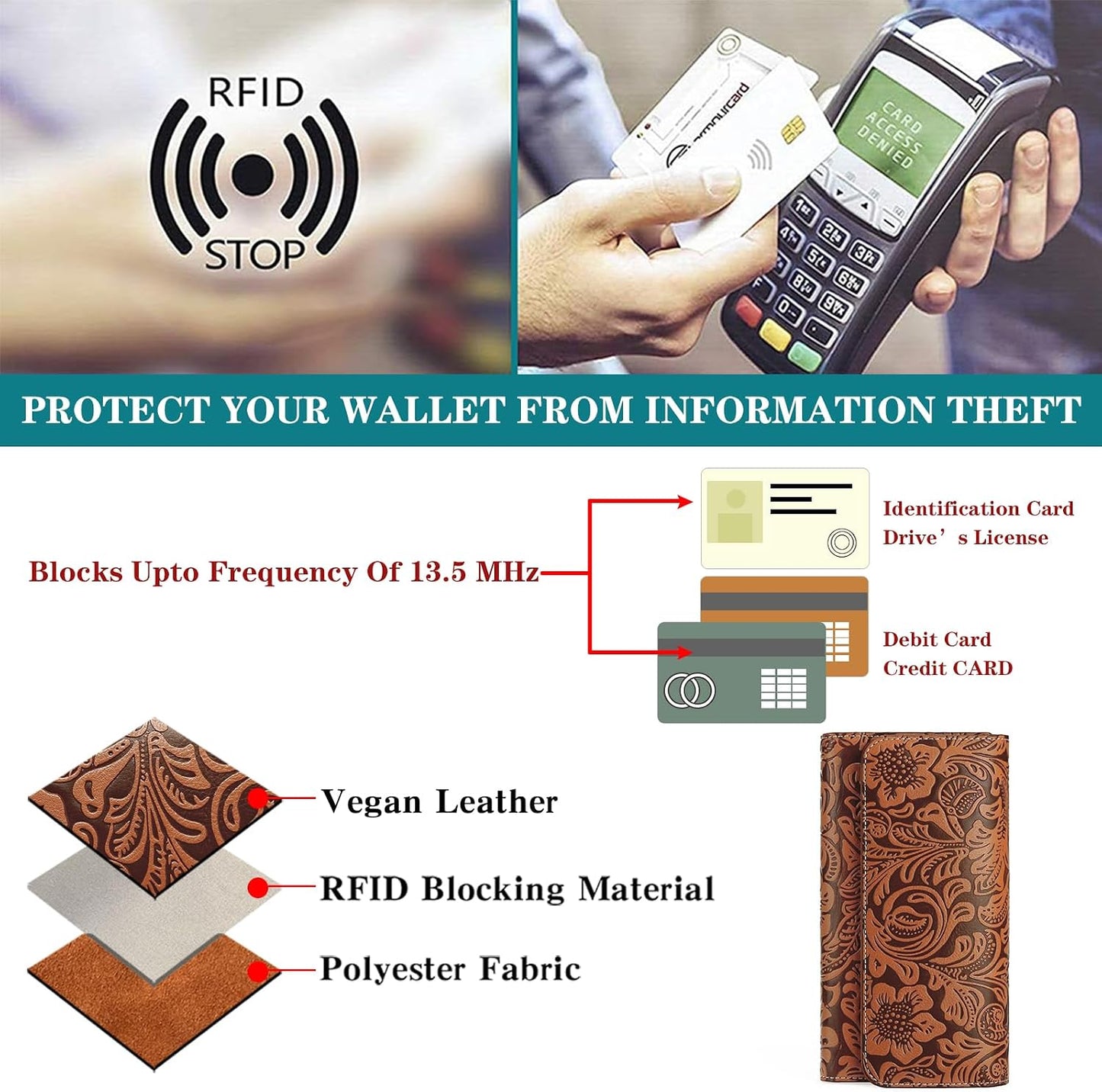 HOTGOIACII Leather Wallets for Women RFID Blocking Western Clutch Brown | Embossed Design, Trifold, Large Billfolds, Vintage Flower, Ladies Purses with Zipper Coin Pocket