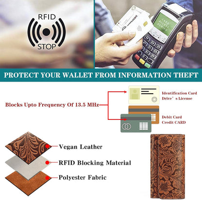 HOTGOIACII Leather Wallets for Women RFID Blocking Western Clutch Brown | Embossed Design, Trifold, Large Billfolds, Vintage Flower, Ladies Purses with Zipper Coin Pocket
