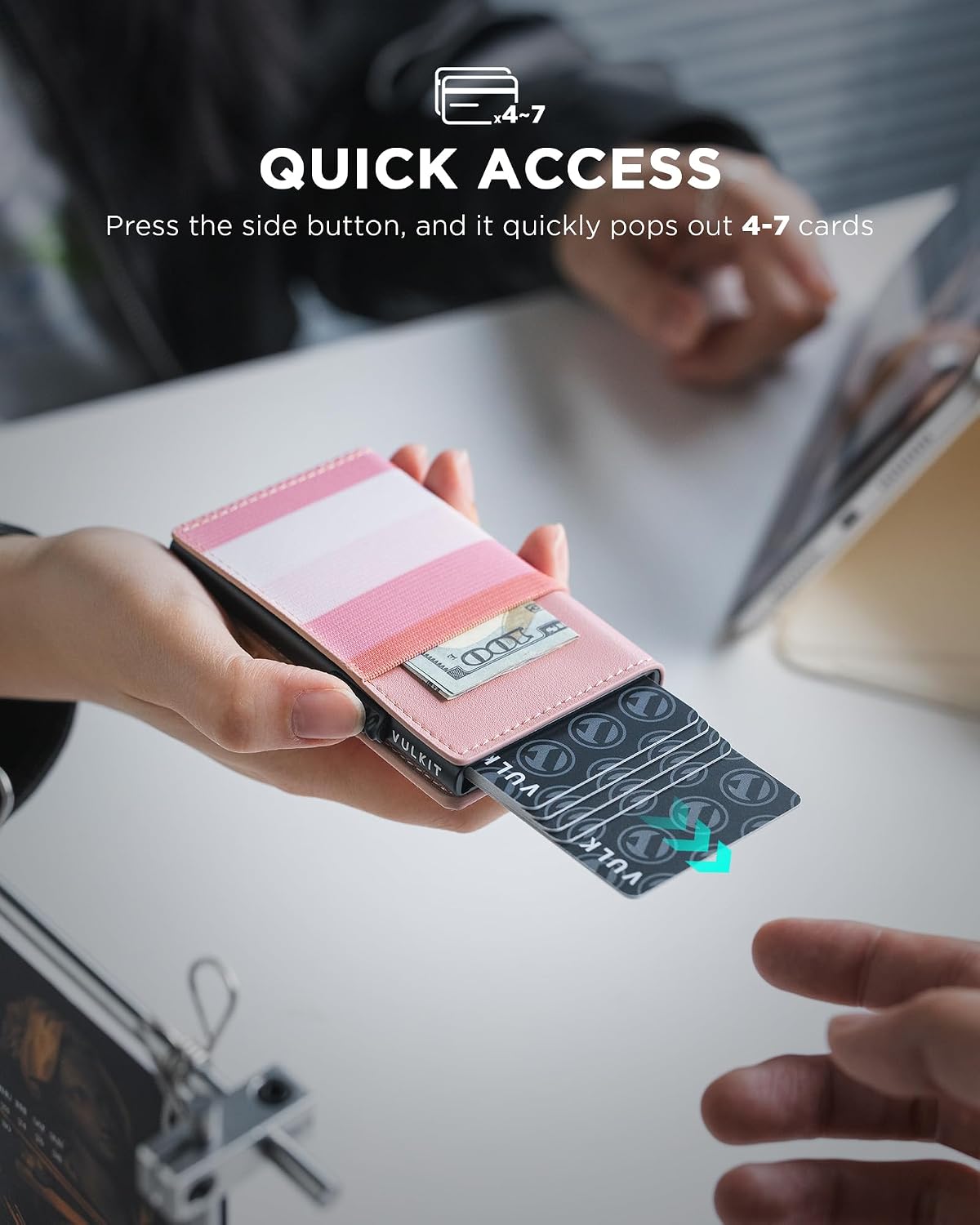 HOTVULKIT Card Holder for Women Slim Card Wallet Minimalist Bifold Credit Card Holder RFID Blocking Pop Up Metal Card Case Magnetic Closure, Stripe Pink