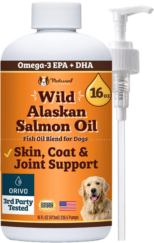 HOTNatural Dog Company Wild Alaskan Salmon Oil for Dogs - Omega 3 Fish Oil Supplement with EPA & DHA for Skin, Coat, Itch Relief, Joints, Heart & Immune Support, Liquid Food Topper, 16 oz