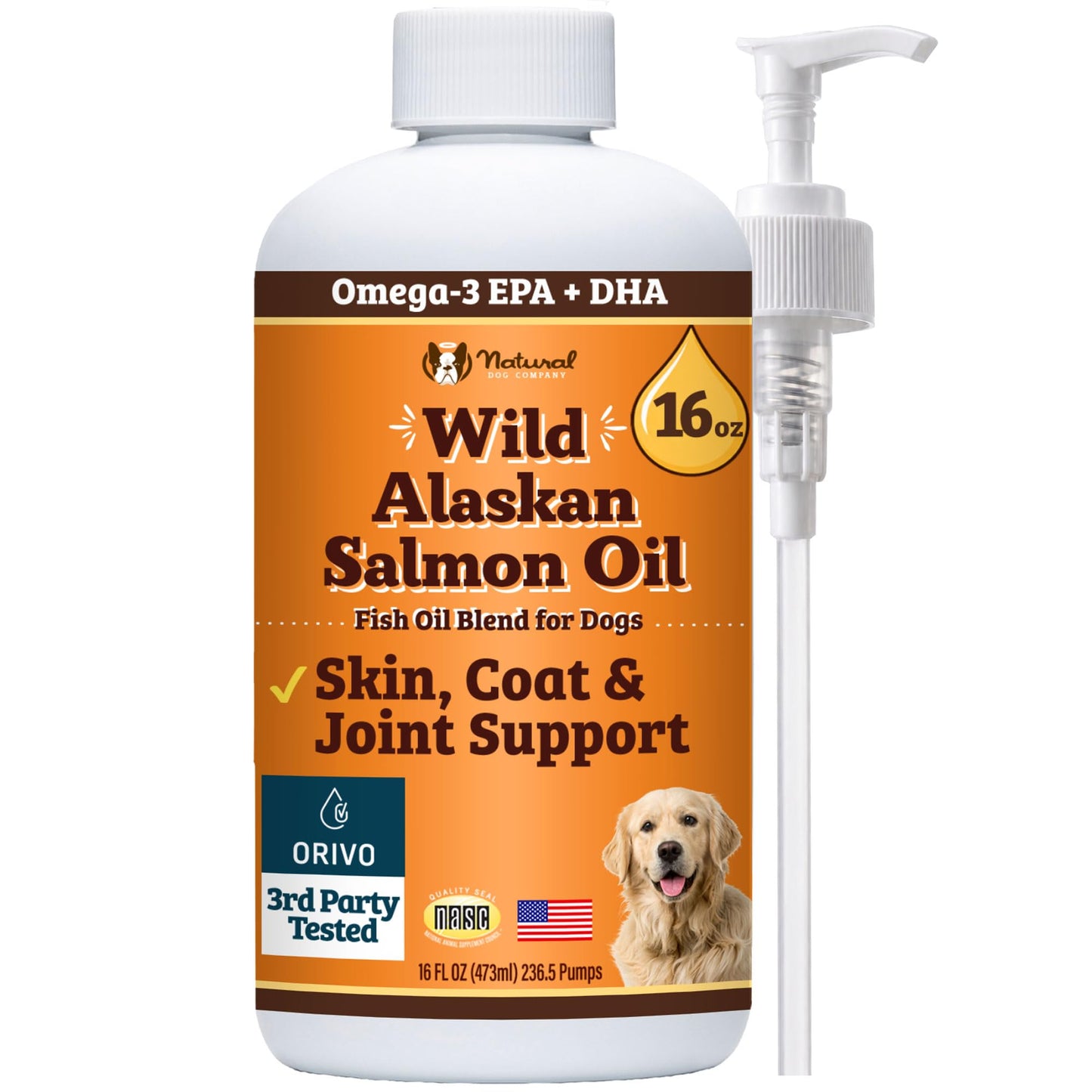 HOTNatural Dog Company Wild Alaskan Salmon Oil for Dogs - Omega 3 Fish Oil Supplement with EPA & DHA for Skin, Coat, Itch Relief, Joints, Heart & Immune Support, Liquid Food Topper, 16 oz