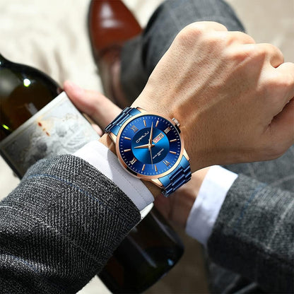 HOTCRRJU Men's Fashion Luxury Stainless Steel Watches for Men Business Auto Date Chronograph Analog Quartz Wristwatches