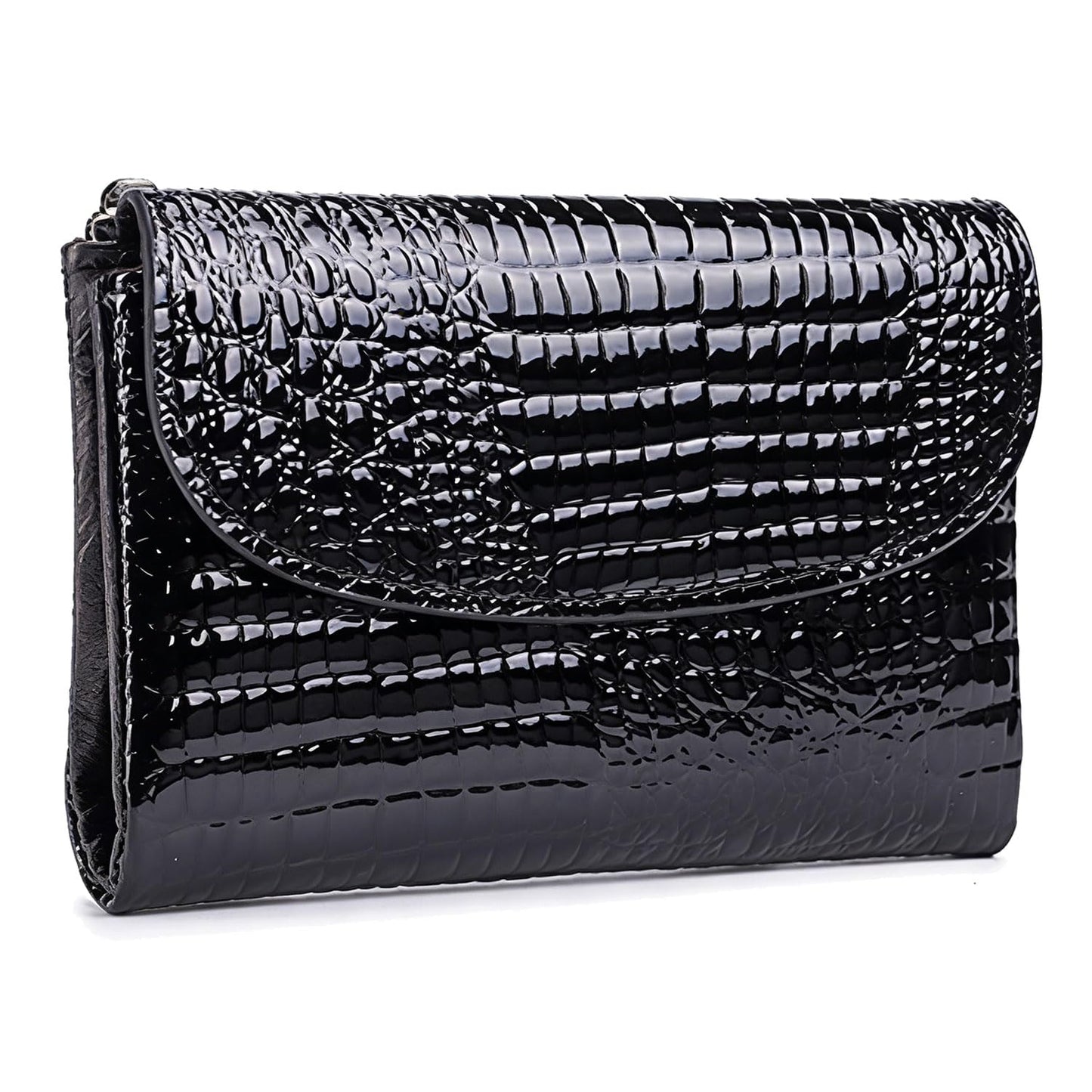 HOTWomen's Crocodile Embossed Patent Leather Wallet, RFID Blocking Card Holder, Ladies Small Trifold Wallet, Compact Purse with 10 Card Slots/ID Window/Zipper Coin Pocket - Green