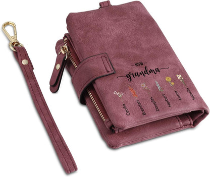 HOTPrsonalized Names Wallet with Birth Flowers for Women - Custom 2-12 Names Text with Birth Flowers Wallet Mom Gifts for Mother's Day Birthday First Mom Now Grandma Gifts (color 2)