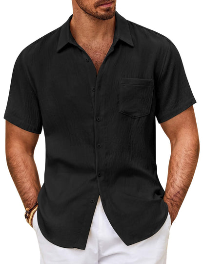 HOTCOOFANDY Mens Button Down Short Sleeve Shirt Casual Shirts Summer Beach Textured Shirts with Pocket